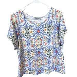 Chicos Womens Shirt Floral Tile Print Short Sleeve Top Large Cotton Blend 2